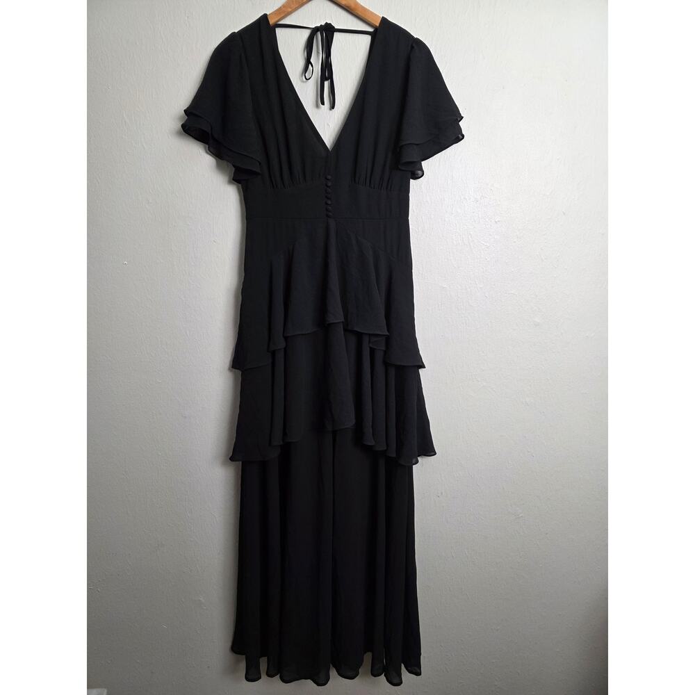 Lulus Midnight Mood Black Tiered Open Back Slit Chiffon A Line Maxi Dress Medium - Picture 5 of 12
